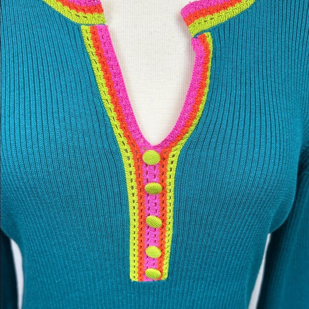 Belle by Kim Gravel Teal Sweater with Pink and Orange Accents, NWOT - Medium - Picture 2 of 10